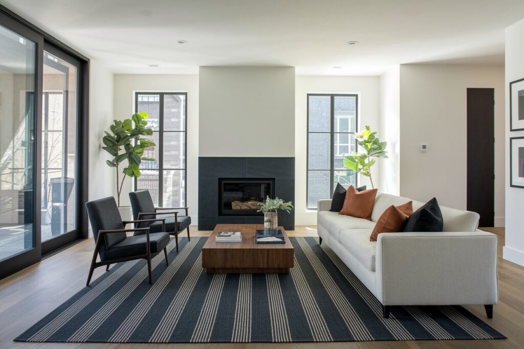 masculine living room with white walls, a fireplace, a cream sofa, two black accent chairs, and a dark striped rug