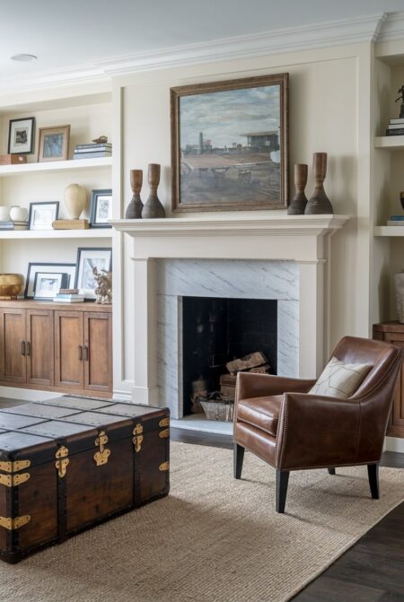masculine living room with a fireplace, an old wooden trunk used as a coffee table, and a leather armchair