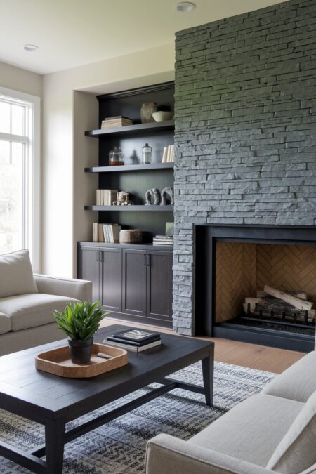 masculine living room with a gray stone fireplace, a black coffee table and shelving