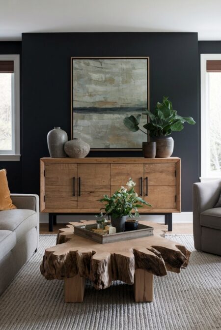masculine living room with black walls, a live-edge coffee table, and a wooden credenza