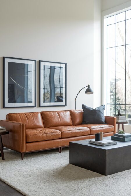 masculine living room with cream walls, a leather sofa with gray pillow, and a dark rectangular coffee table