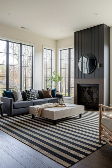 masculine living room with cream walls, a fireplace, a gray sofa, and a striped rug