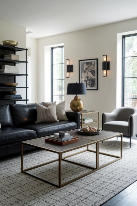 masculine living room with industrial details, a black leather sofa, metal coffee table and black sconces