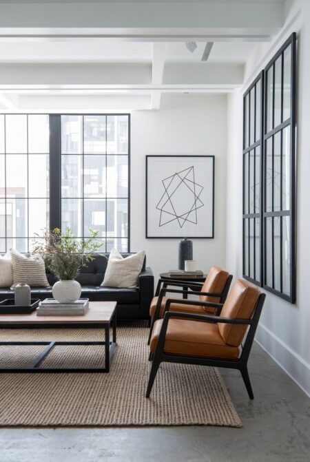 masculine living room with white walls, a black sofa, brown leather accent chairs, and a large abstract line art