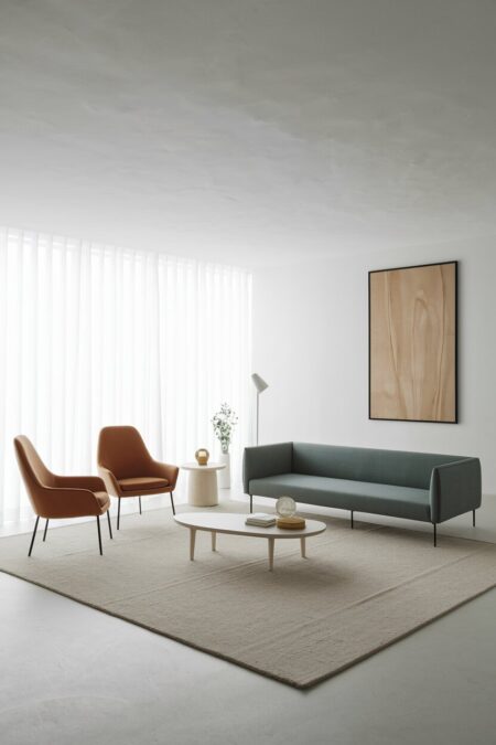 minimalist living room has low-profile gray sofa and orange chairs with slim legs