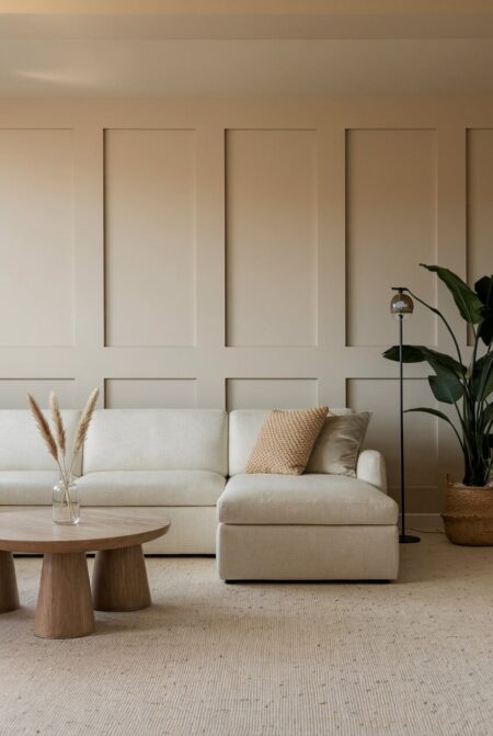 minimalist living room in warm neutral palette with a sectional sofa