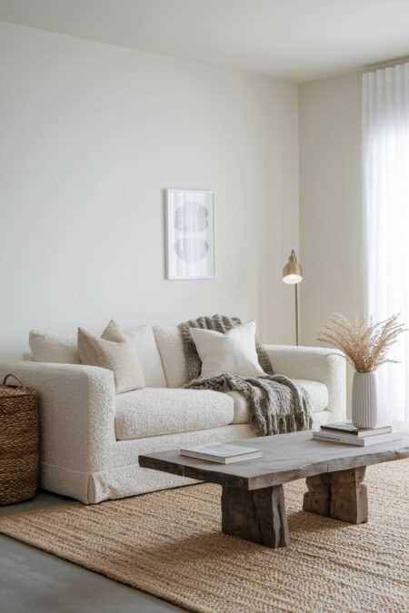 minimalist living room with a boucle sofa, raw-edge wood coffee table, nubby linen throw, and a jute rug