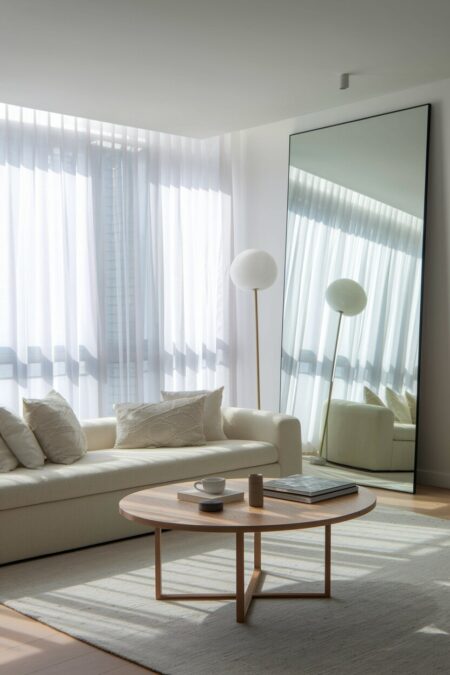 minimalist living room with a cream low-back sofa, sheer curtains, and a floor mirror