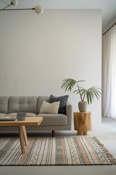 minimalist living room with a gray sofa, wooden side table and coffee table, and a faded patterned area rug