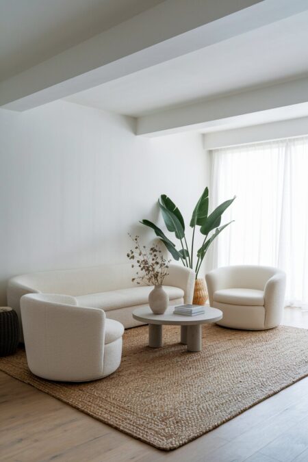 minimalist living room with a jute rug and white or cream curved furniture