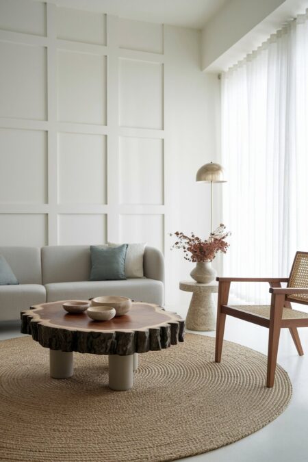 minimalist living room with a live edge wood coffee table, stone side table, gray sofa, and a rattan chair
