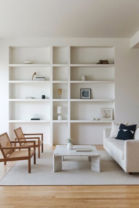 minimalist living room with negative space on the shelves, a light sofa, and two wooden chairs