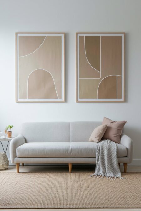 minimalist living room with two large beige abstract prints behind the gray sofa