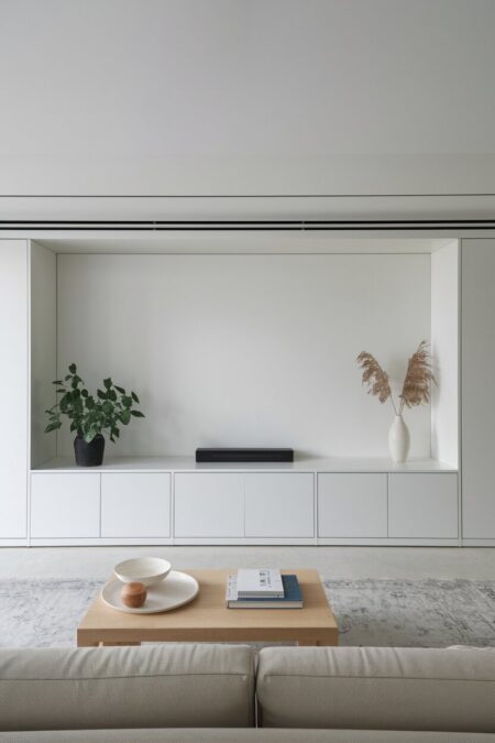 minimalist living room with white built-in cabinetry and a projector