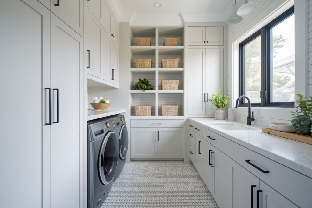 modern laundry room with neutral built-in storage and black hardware