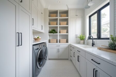 modern laundry room with neutral built-in storage and black hardware