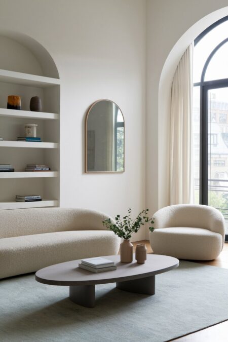 modern living room in neutral tones with curved furniture, an oval coffee table, and an arched wall mirror