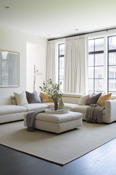 modern living room with a cream low-profile modular sectional sofa and dark flooring