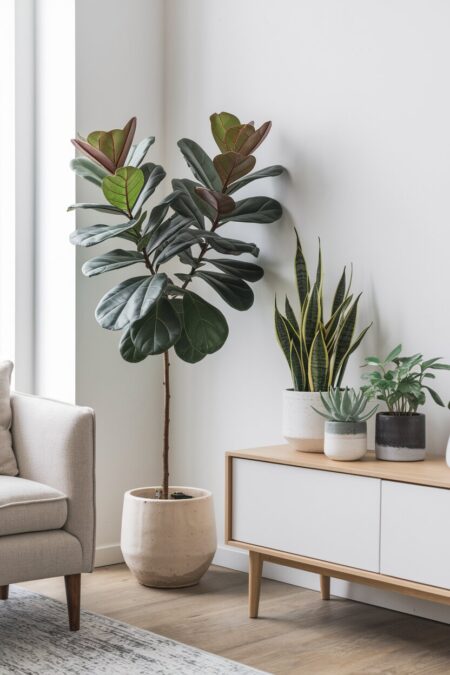 modern living room with a fiddle leaf fig in the corner and small houseplants on the console