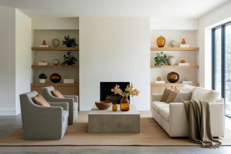 modern living room with a fireplace, a stone coffee table, wooden shelving, and amber glass decor
