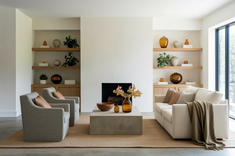 12 Modern Living Room Ideas Driven by Architectural Lines modern living room with a fireplace, a stone coffee table, wooden shelving, and amber glass decor