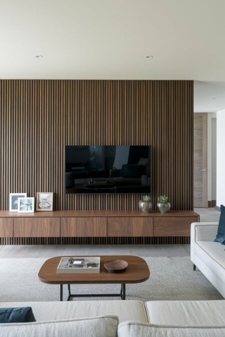 modern living room with a wood slat wall behind a TV and a floating wooden console