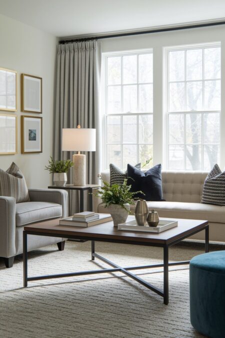 modern living room with black metal coffee table frame, brass picture frames, and a tufted sofa