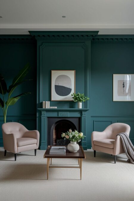 modern living room with dark muted green walls and fireplace surround, cream armchairs