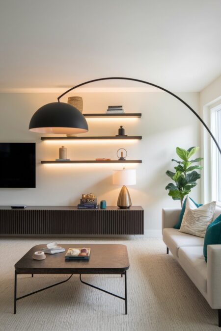modern living room with white walls, a black arc floor lamp, and LED strips under black floating shelves