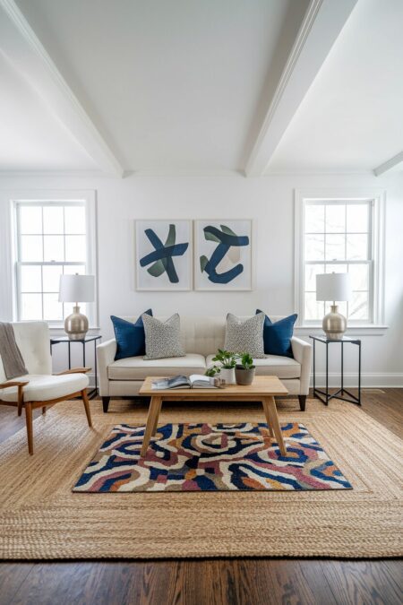 modern living room with white walls, a large jute rug, and a small colorful patterned rug on top
