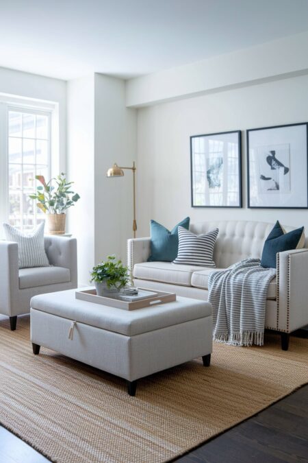 modern living room with white walls, gray furniture, a storage ottoman, and a woven rug