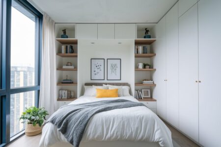 modern small bedroom with built-in storage and floor-to-ceiling windows