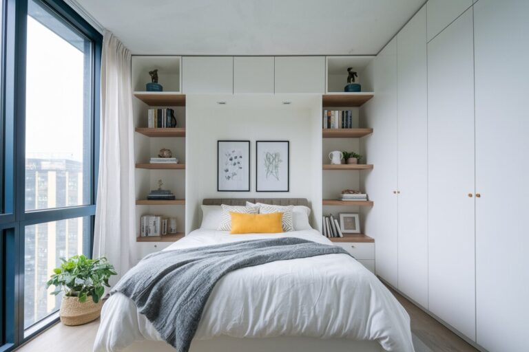 modern small bedroom with built-in storage and floor-to-ceiling windows