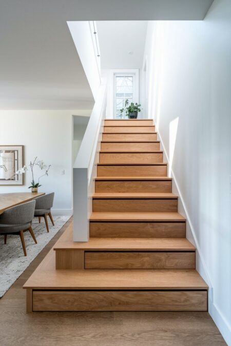 modern wooden staircase with built-in drawers under the steps