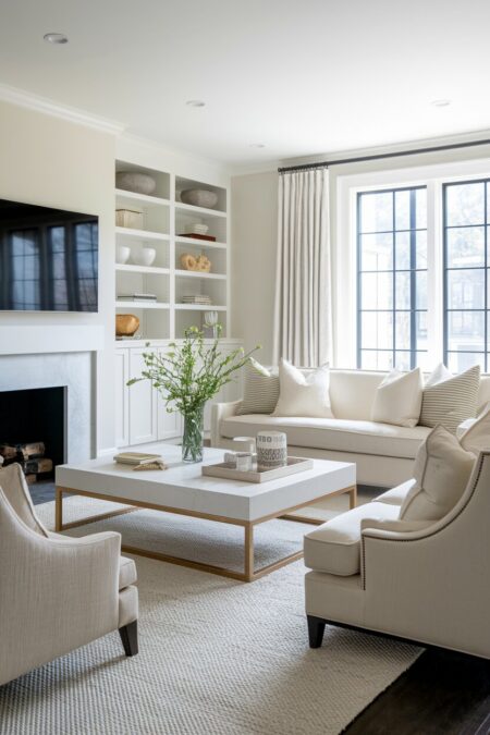 monochrome contemporary living room in white, cream, and ivory with a fireplace
