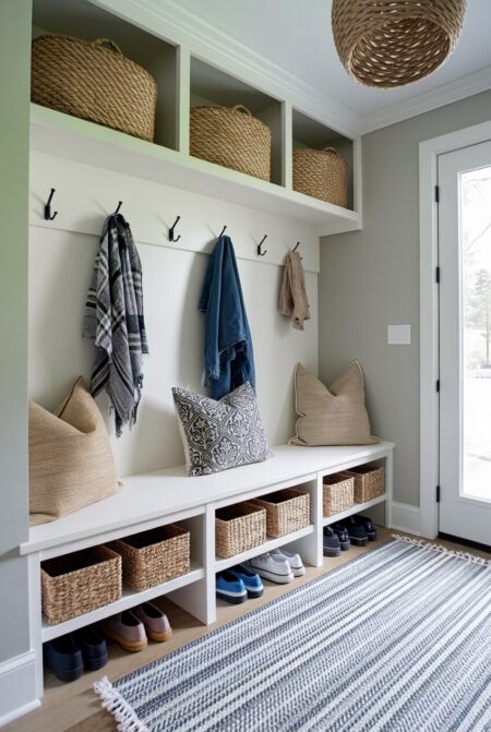 mudroom with woven baskets under the bench for shoe storage