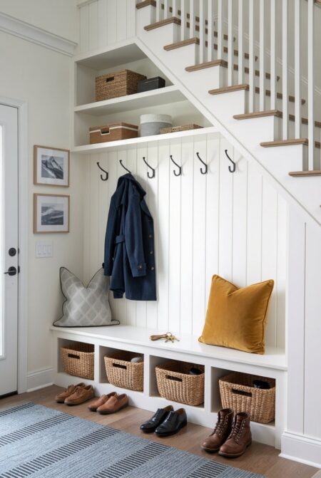 mudroom zone has hooks, shelves, and a bench with cubbies for storage under the stairs