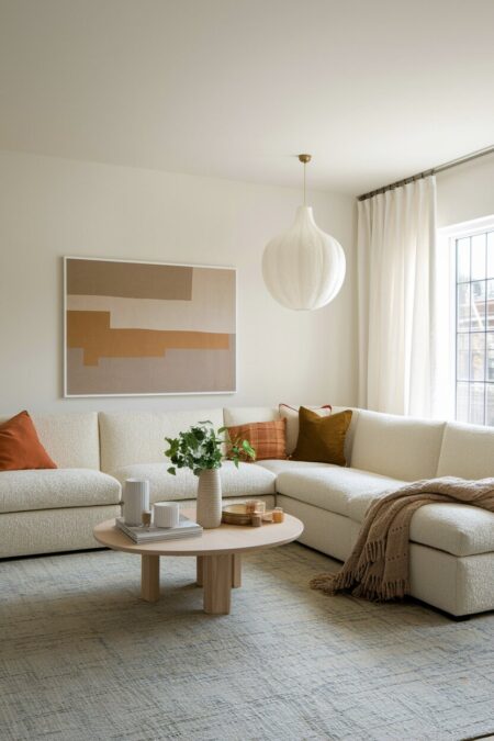 neutral contemporary living room with a boucle sofa, terracotta and olive green pillows, a light wood coffee table