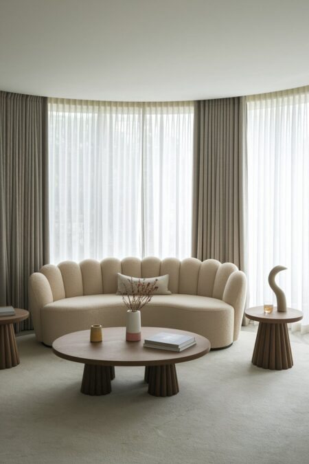 neutral feminine living room with a curved scalloped sofa, oval coffee and side tables