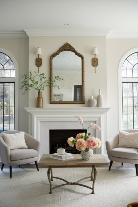 neutral feminine living room with a vintage mirror above the mantel and gray curved-back armchairs