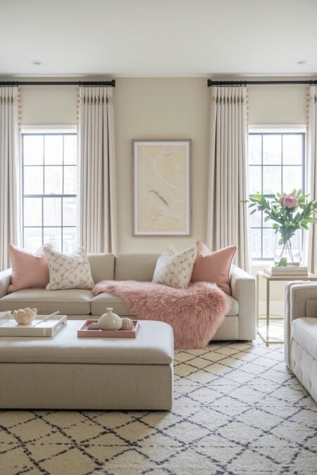 neutral feminine living room with pink throw pillows and a pink faux fur throw