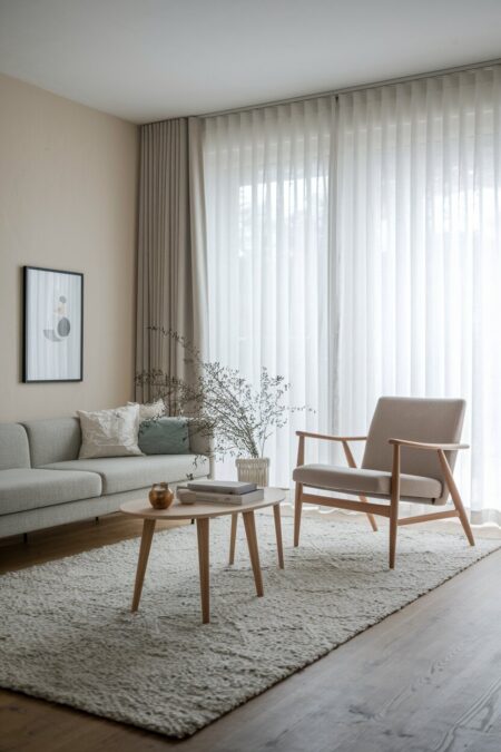 neutral Scandinavian living room with a low-slung sofa, an accent chair, and a coffee table