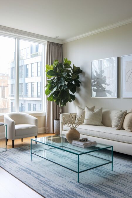 neutral small living room with a glass coffee table
