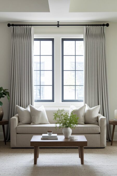 neutral small living room with light gray curtains, a cream sofa, and a wooden coffee table