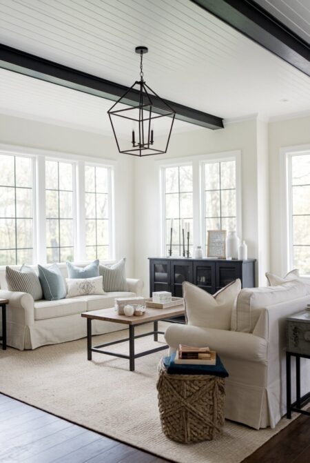 off-white farmhouse living room with a wrought iron lantern chandelier and black ceiling beams