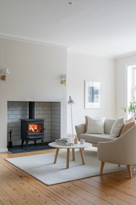 off-white Scandinavian living room with a wood burning stove surrounded with plain white tiles