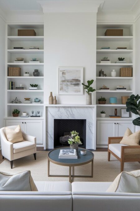 off-white small living room with built-in shelving flanking a marble fireplace