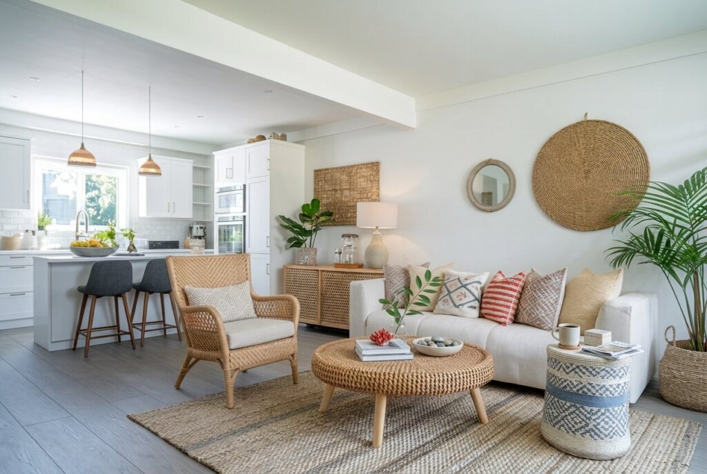 open plan boho living room with wicker furniture, a jute rug, and pillows in different patterns