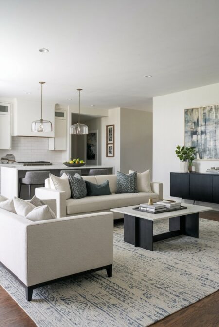 open plan contemporary living room with a cream or beige sofa and a black console