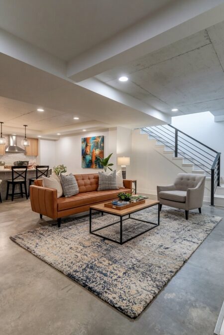 open plan white basement living room with a kitchen, concrete flooring, a large rug, and a leather sofa